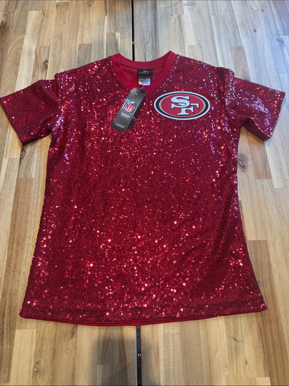NFL Women's Red Sequin Short Sleeve Tee with SF 49ers Logo